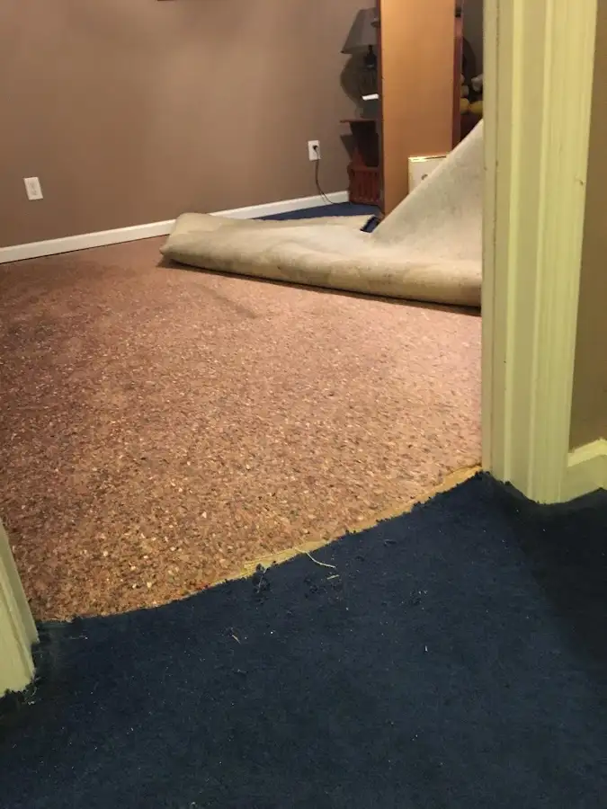 Carpet pad removal revealing water damage during Water Mitigation Services in West Windsor